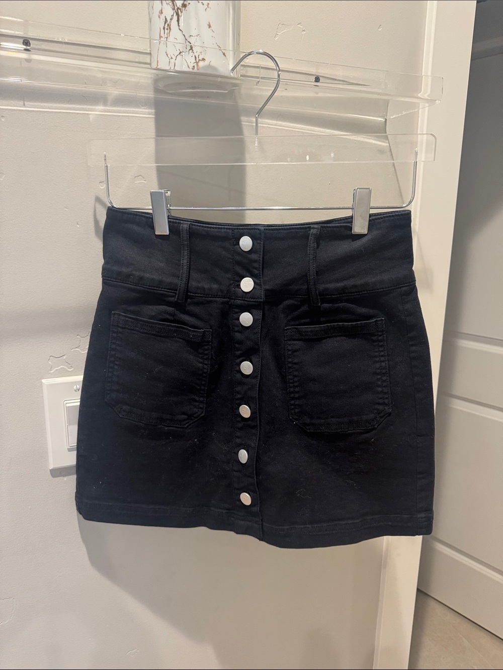 High-Waist Button-Front Black/Navy Denim Mini Skirt
